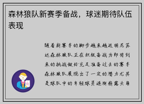 森林狼队新赛季备战，球迷期待队伍表现