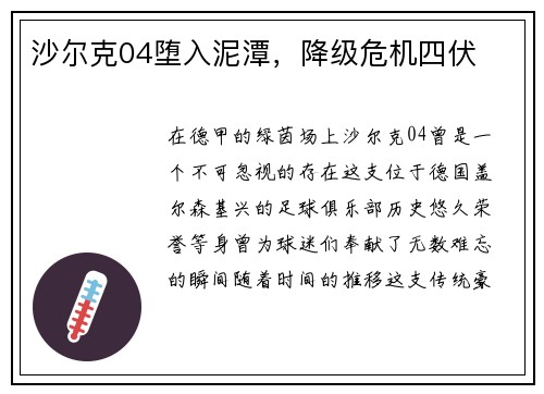沙尔克04堕入泥潭，降级危机四伏